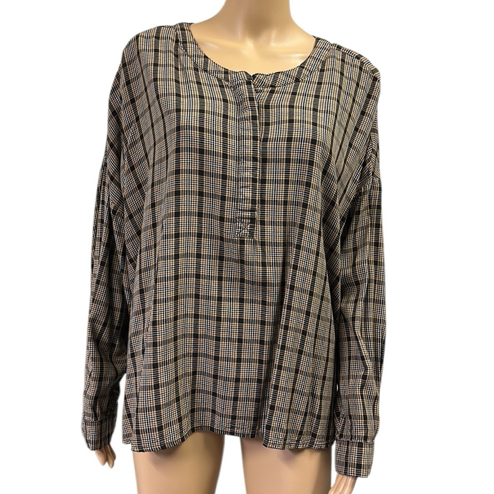 Peace and Pearls Long Sleeve Quarter Button Up Viscose Collarless Blouse Plus 1X